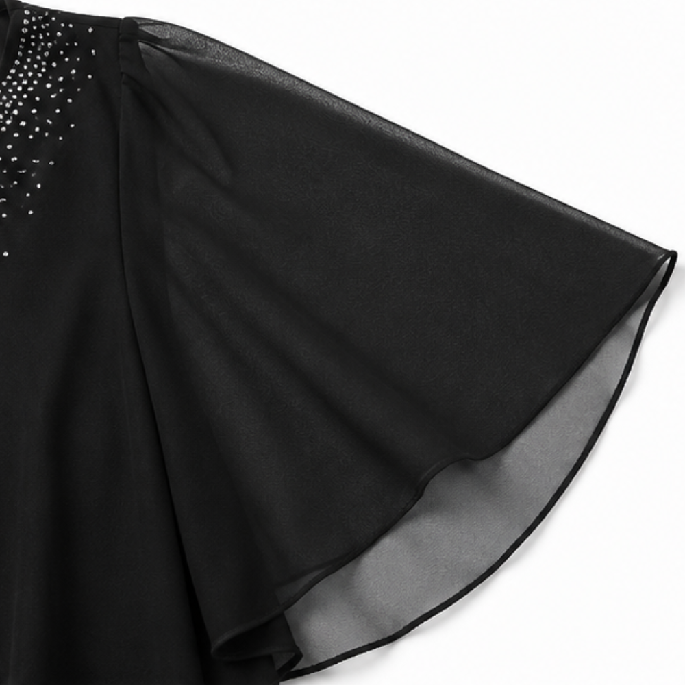 Jessamy embellished overlay dress in black, close-up of sheer flutter sleeve