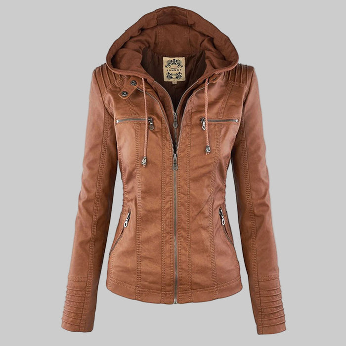 Cynthia hooded biker jacket in tan, front view with drawstring hood