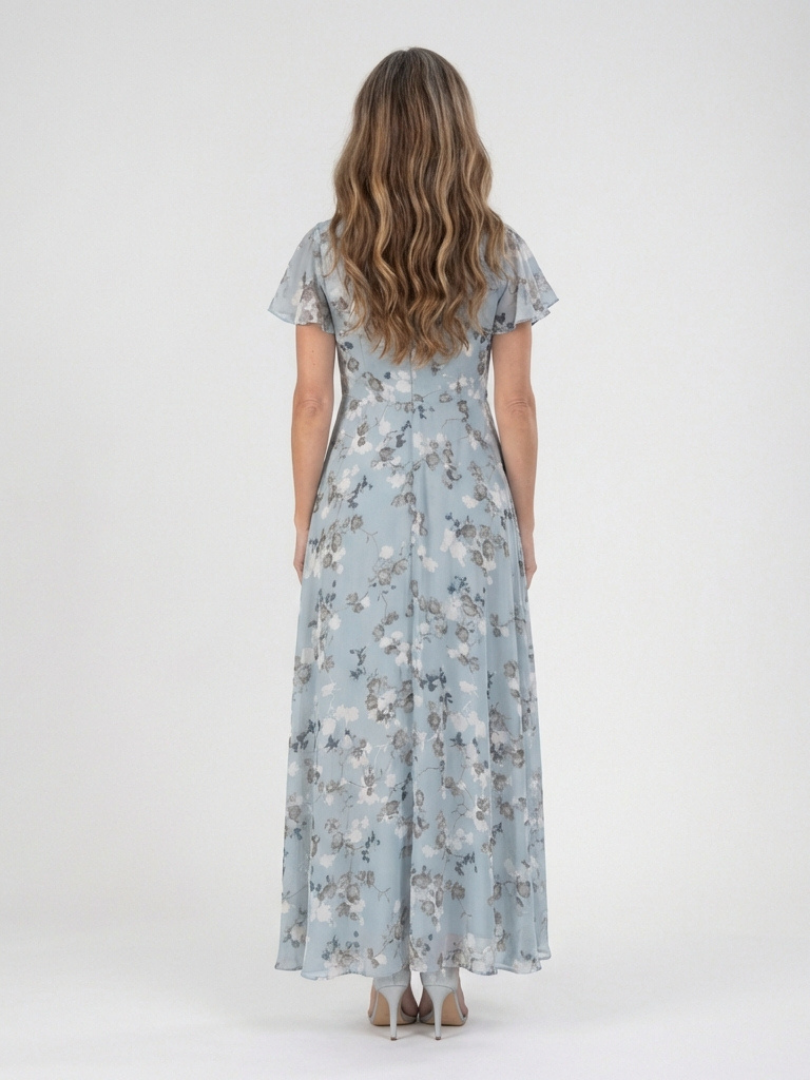 Imelda floral chiffon maxi dress in sky blue, full-length back view