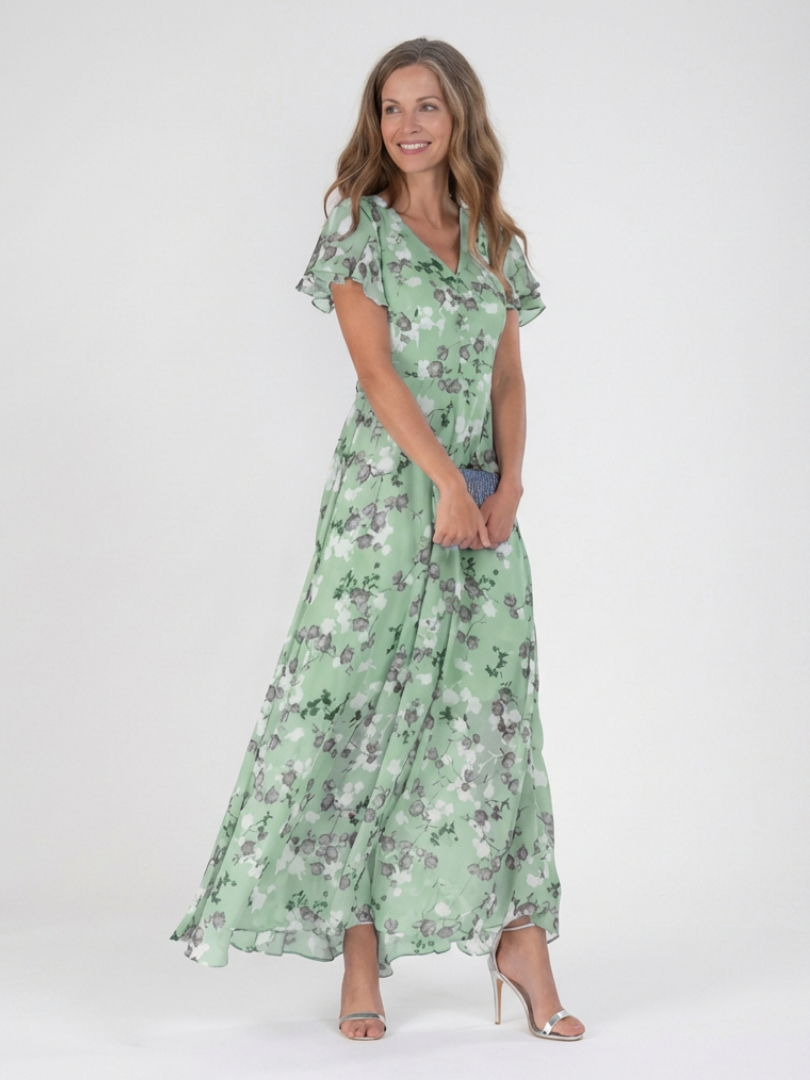 Imelda floral chiffon maxi dress in green, three-quarter front view