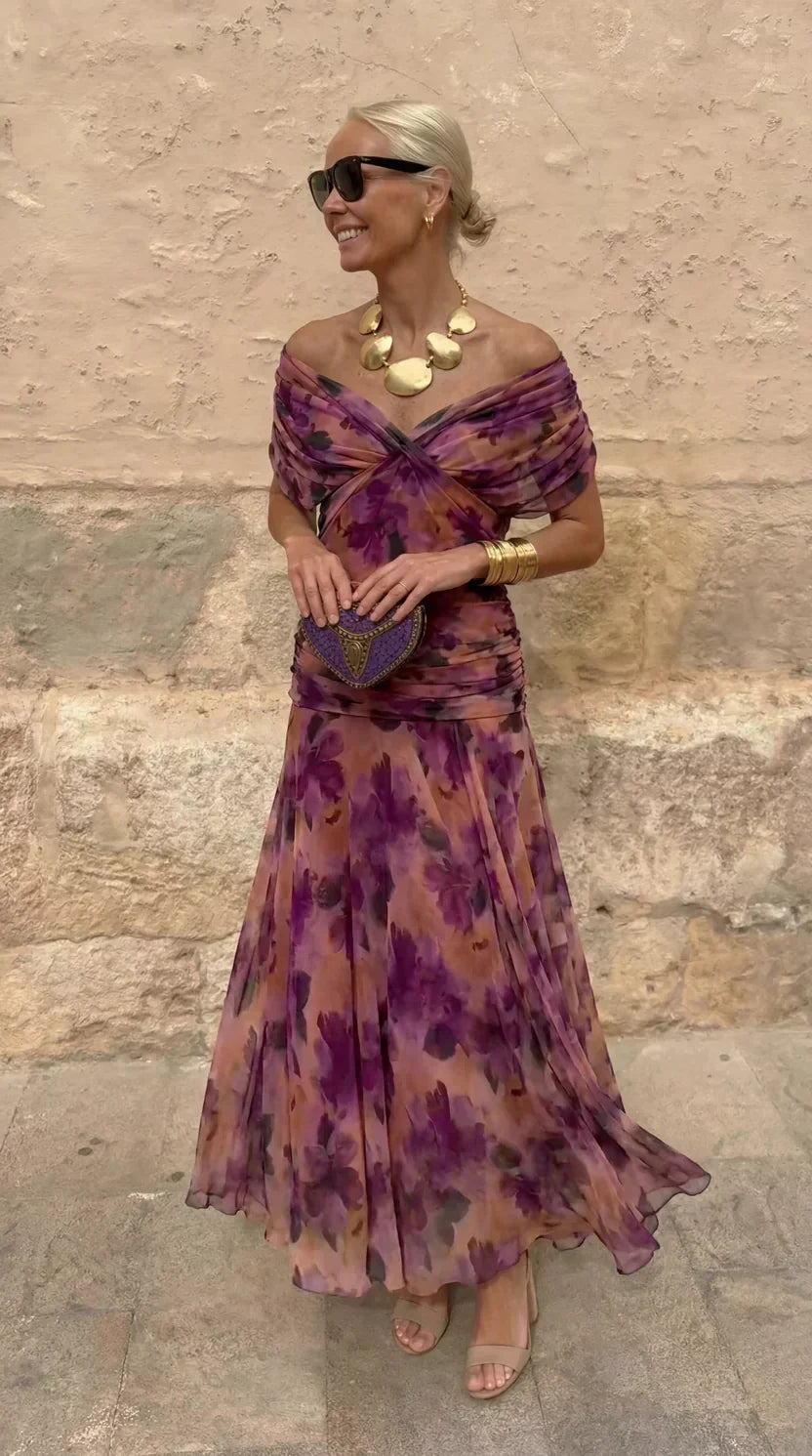 Eloísa long floral chiffon dress in lilac, full-length front view