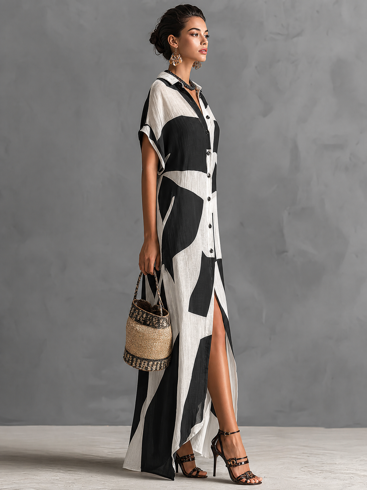 Geometric Print Short-Sleeved Maxi Shirt Dress