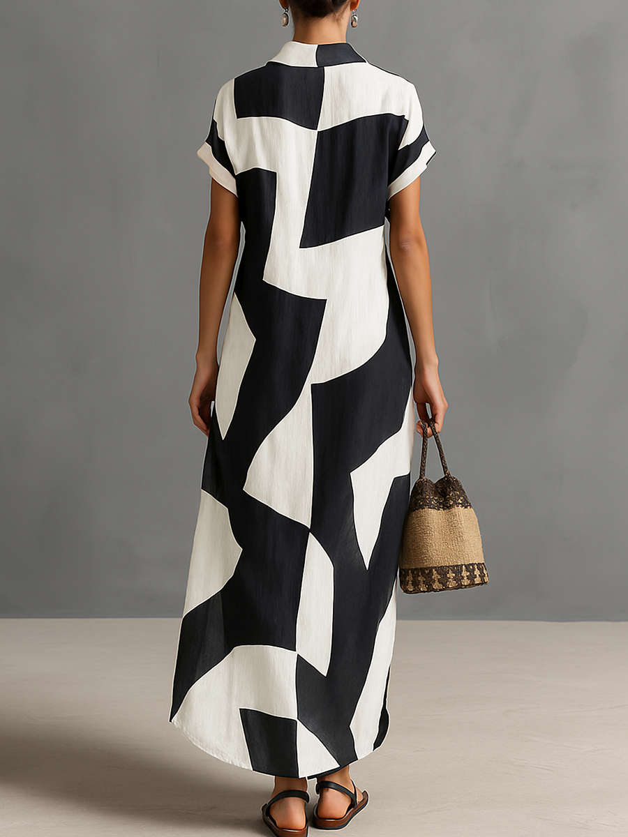 Geometric Print Short-Sleeved Maxi Shirt Dress
