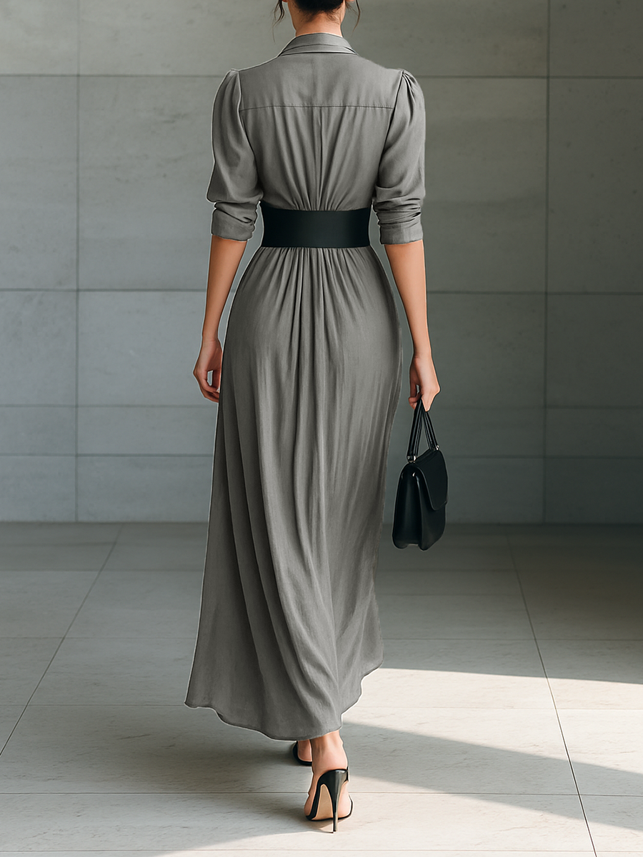 Angharad pleated maxi shirt dress in grey, back view
