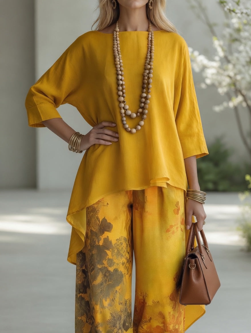 Marjory high-low tunic and printed trouser set in yellow, close-up