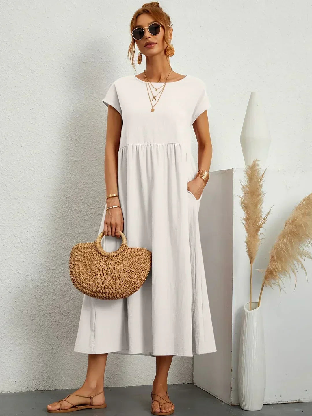 LIORA™ | Breathable White Midi Dress