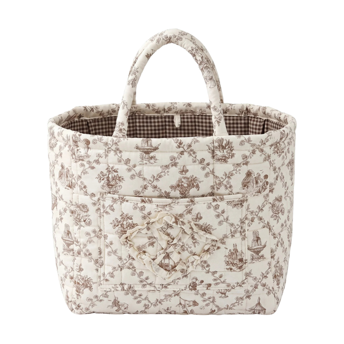 Betsy quilted everything basket in Mocha Toile, front view