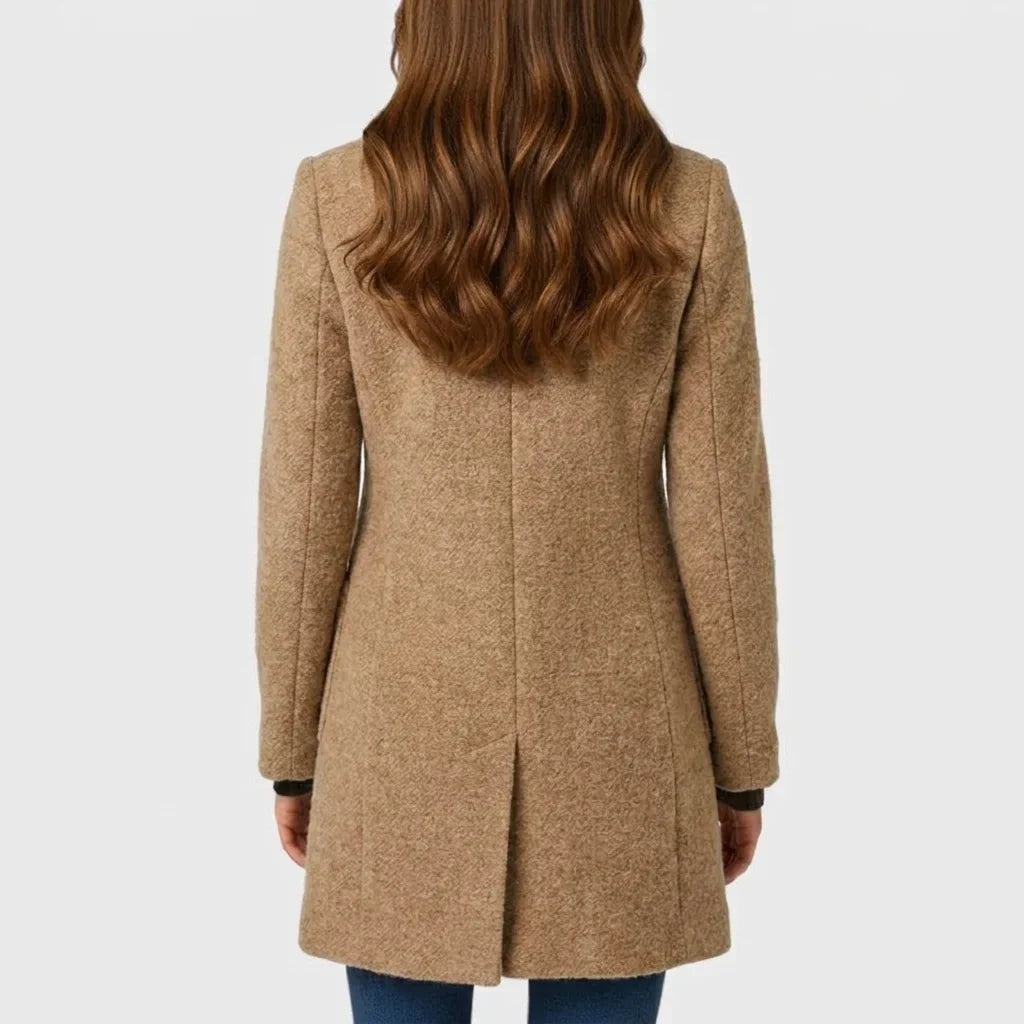 Annora stand-collar button coat in camel, back view