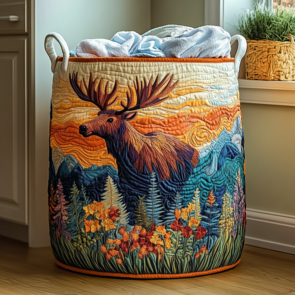 Elisa hand-quilted laundry basket with Moose Charm design, a moose at sunset, front view