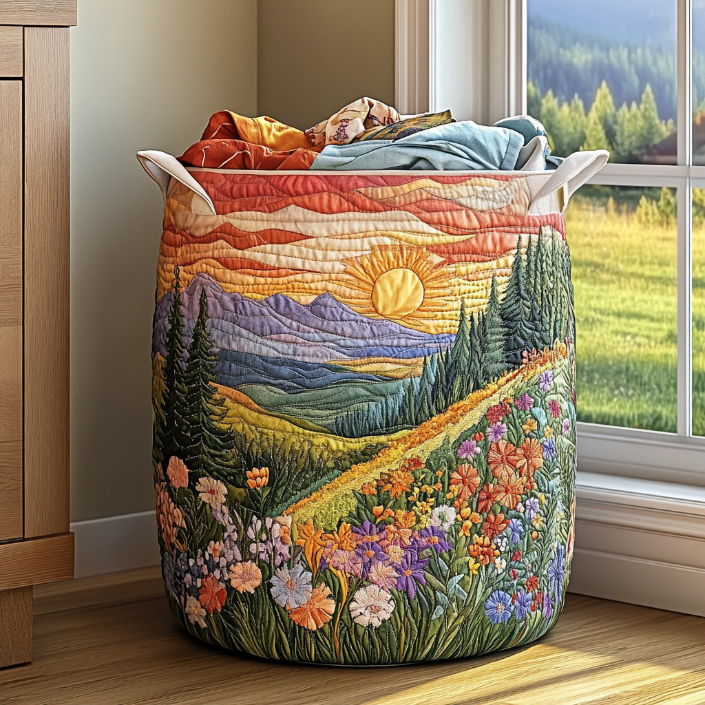 Delia hand-quilted laundry basket with a mountain sunrise over a wildflower meadow, front view
