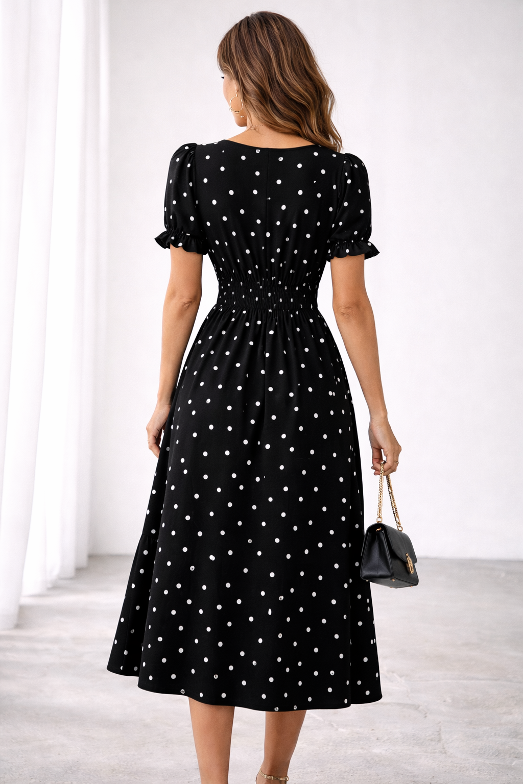 LIORA™ | Polka Dot Ruffle Midi Dress