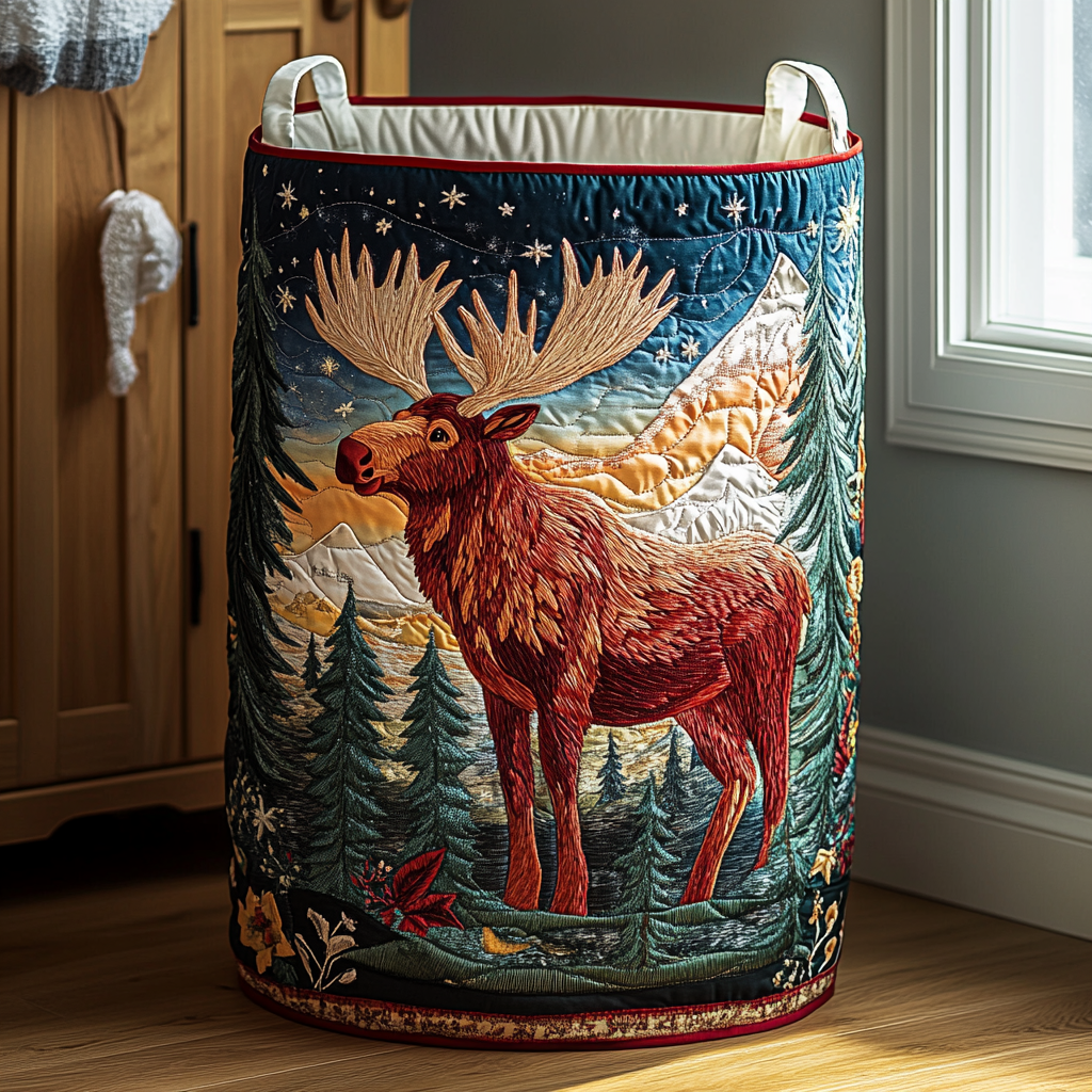 Elisa hand-quilted laundry basket with Mystic Moose design, a moose under a starry sky, front view