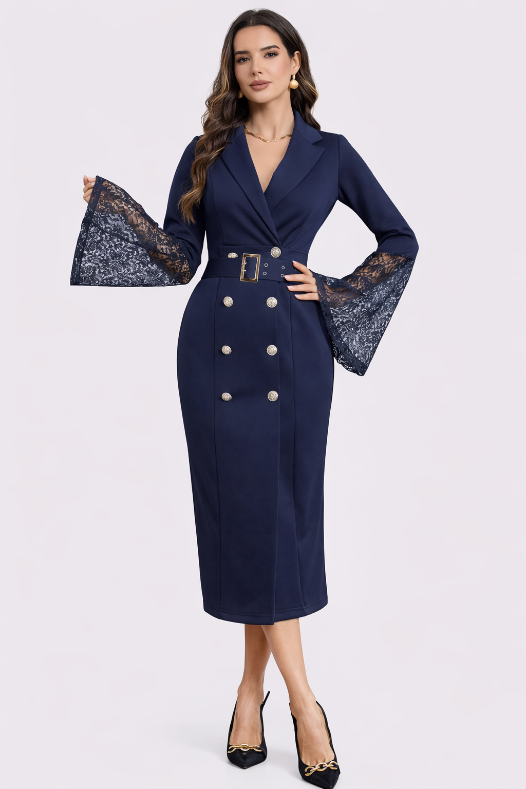LIORA™ | Belted Lace-Sleeve Midi Dress