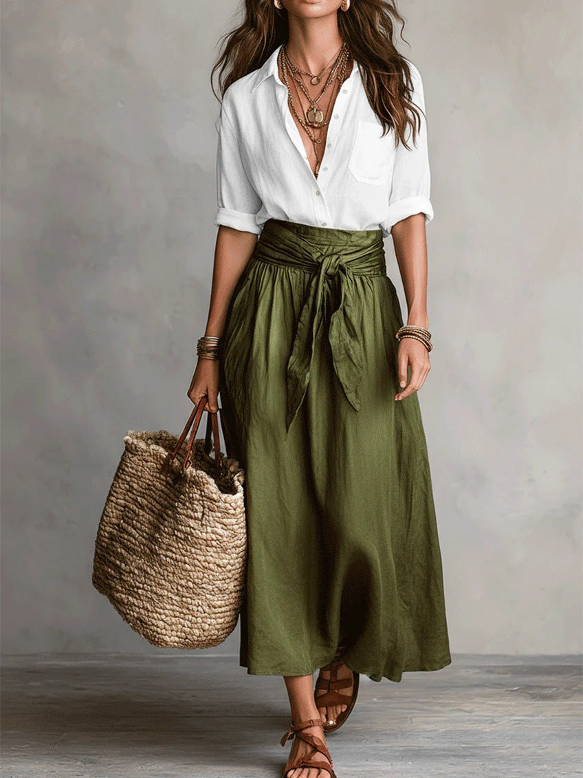 Camilla | Coordinato camicia e gonna midi con cintura da annodare