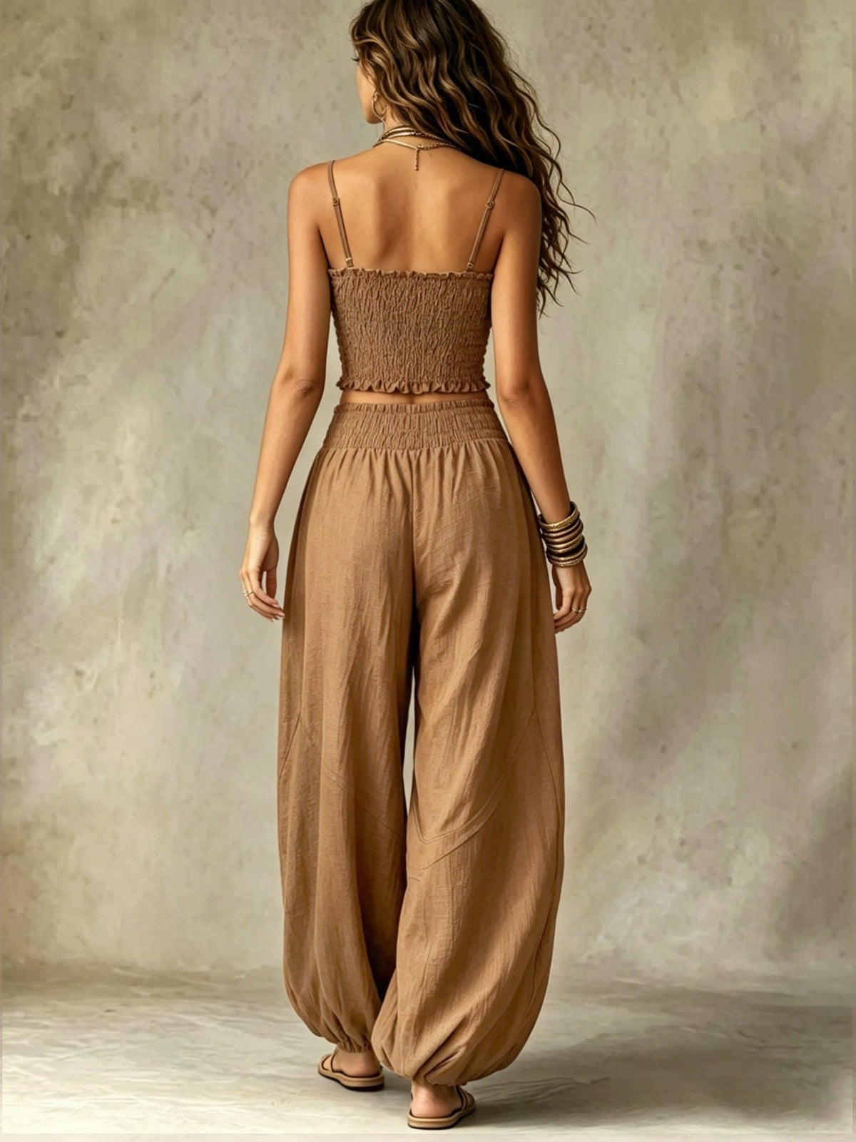 Marcia ruffled harem co-ord set in camel, full-length back view
