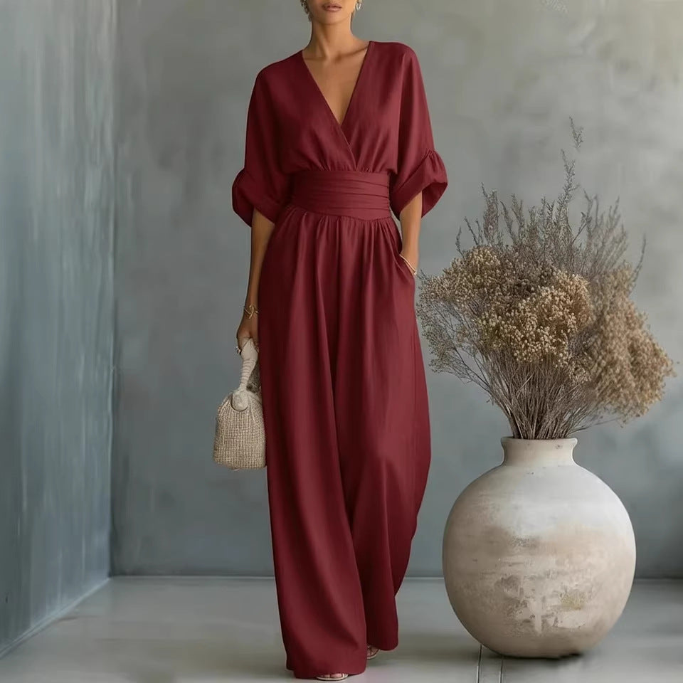 Gemma draped wide-leg jumpsuit in burgundy, full-length front view