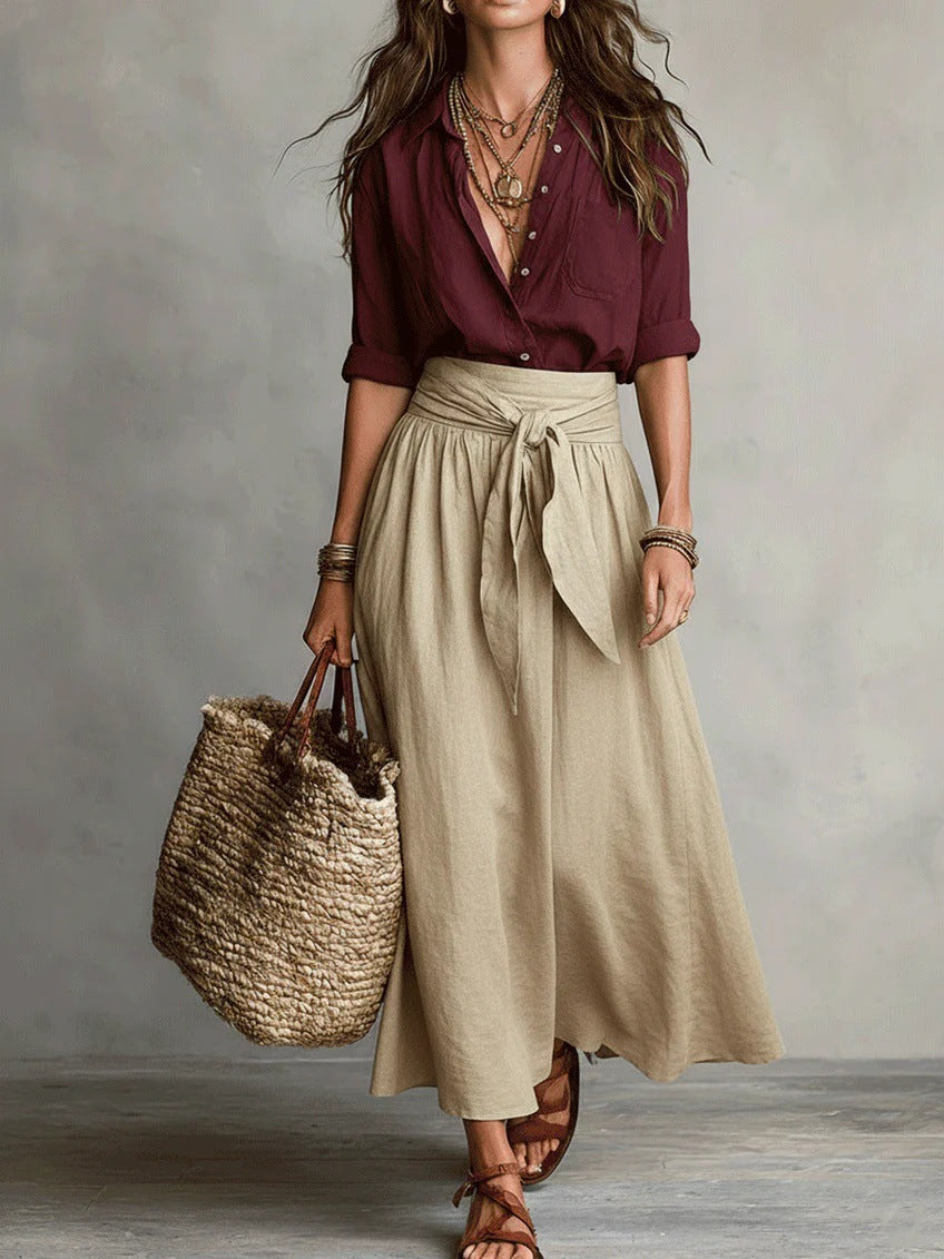 Camilla | Coordinato camicia e gonna midi con cintura da annodare