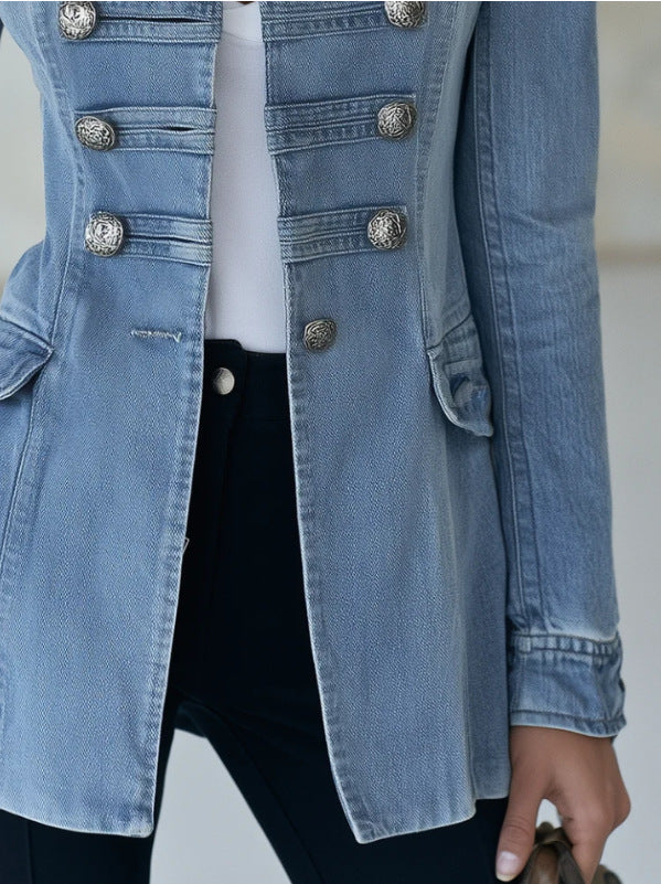 Mairi denim-look jacket, detail of button front, flap pockets and cuffs