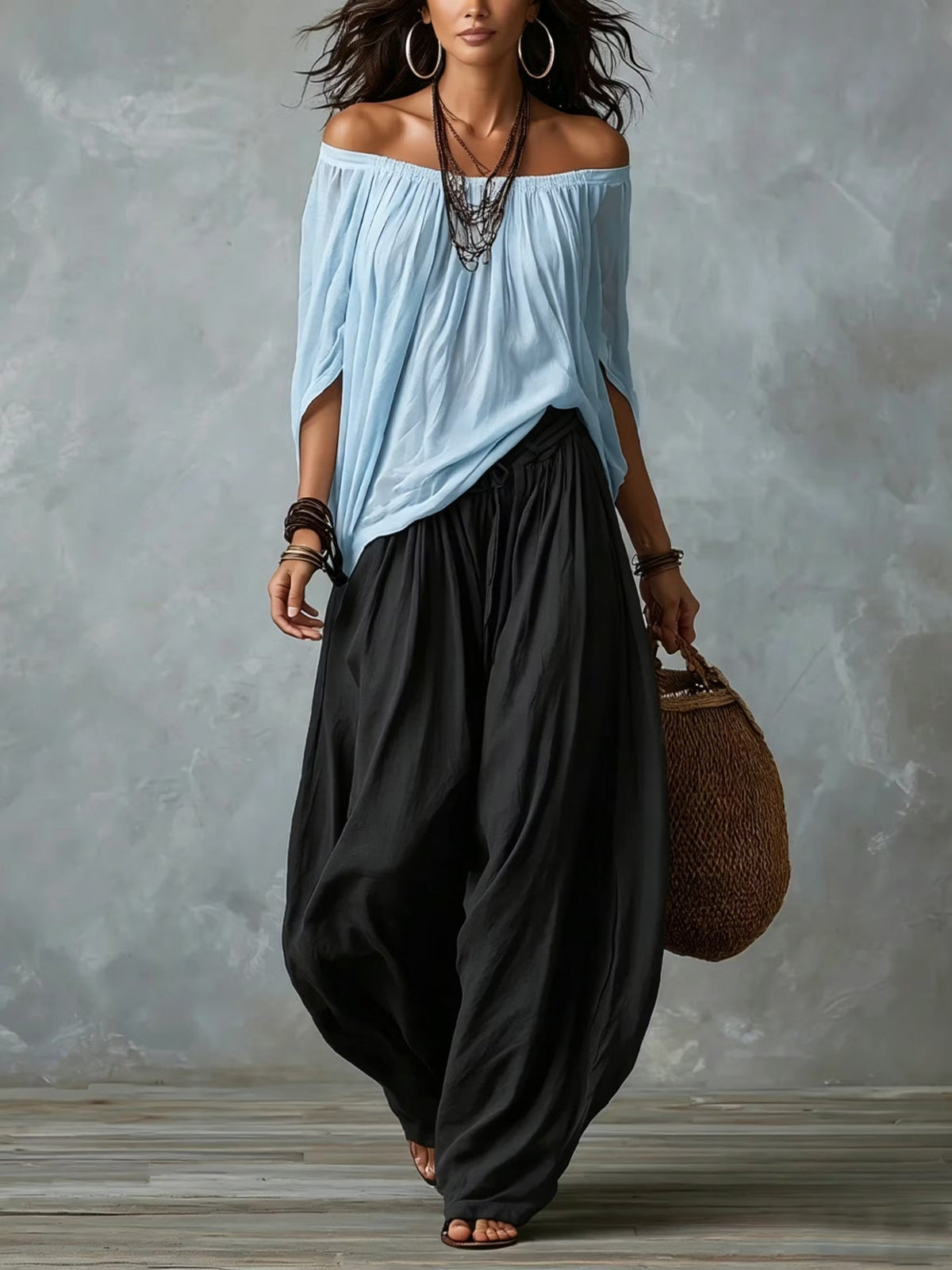 Rowena off-shoulder top and harem trousers set with light blue top, full-length front view