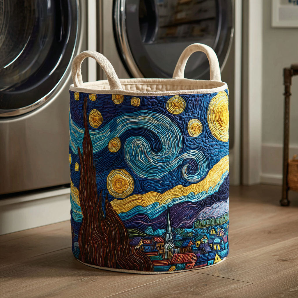 Lidia hand-quilted laundry basket with a swirling starry night sky over a village, front view