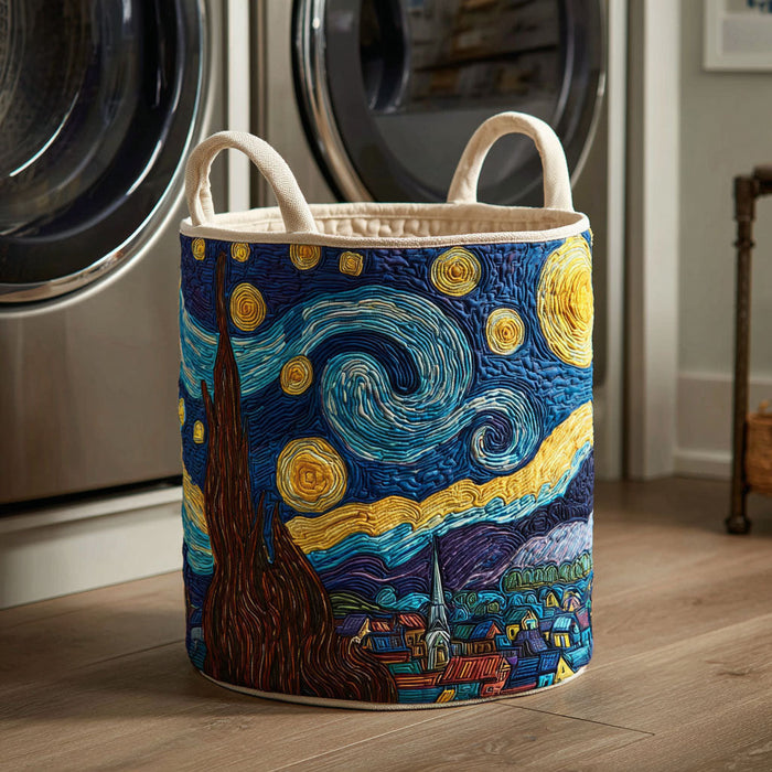 Lidia hand-quilted laundry basket with a swirling starry night sky over a village, front view