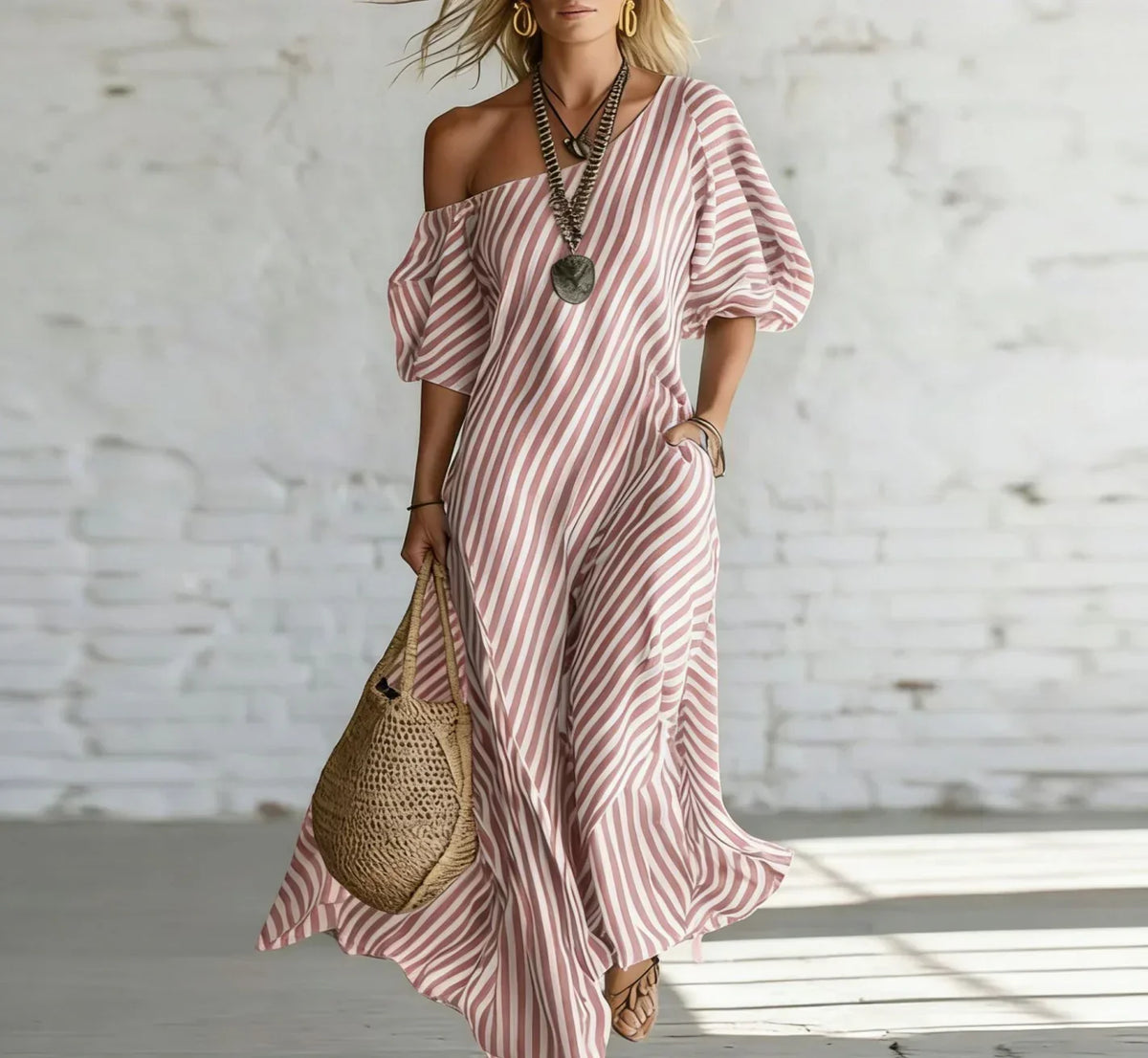 Alysha off-shoulder striped maxi dress front view