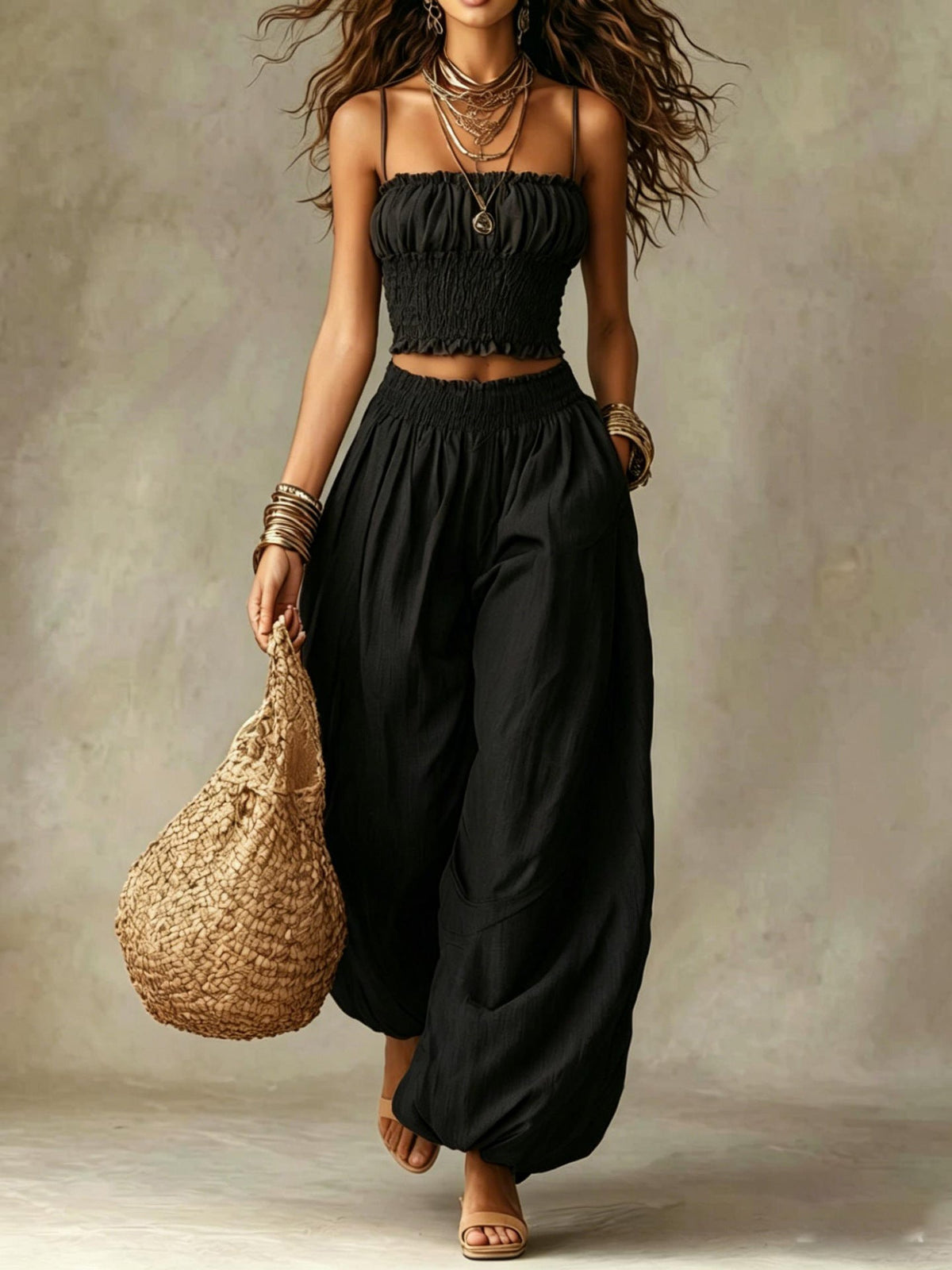 Marcia ruffled harem co-ord set in black, full-length front view