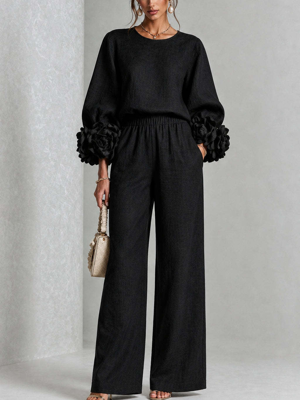 Ofelia | Coordinato con polsini a fiori e pantaloni a gamba larga