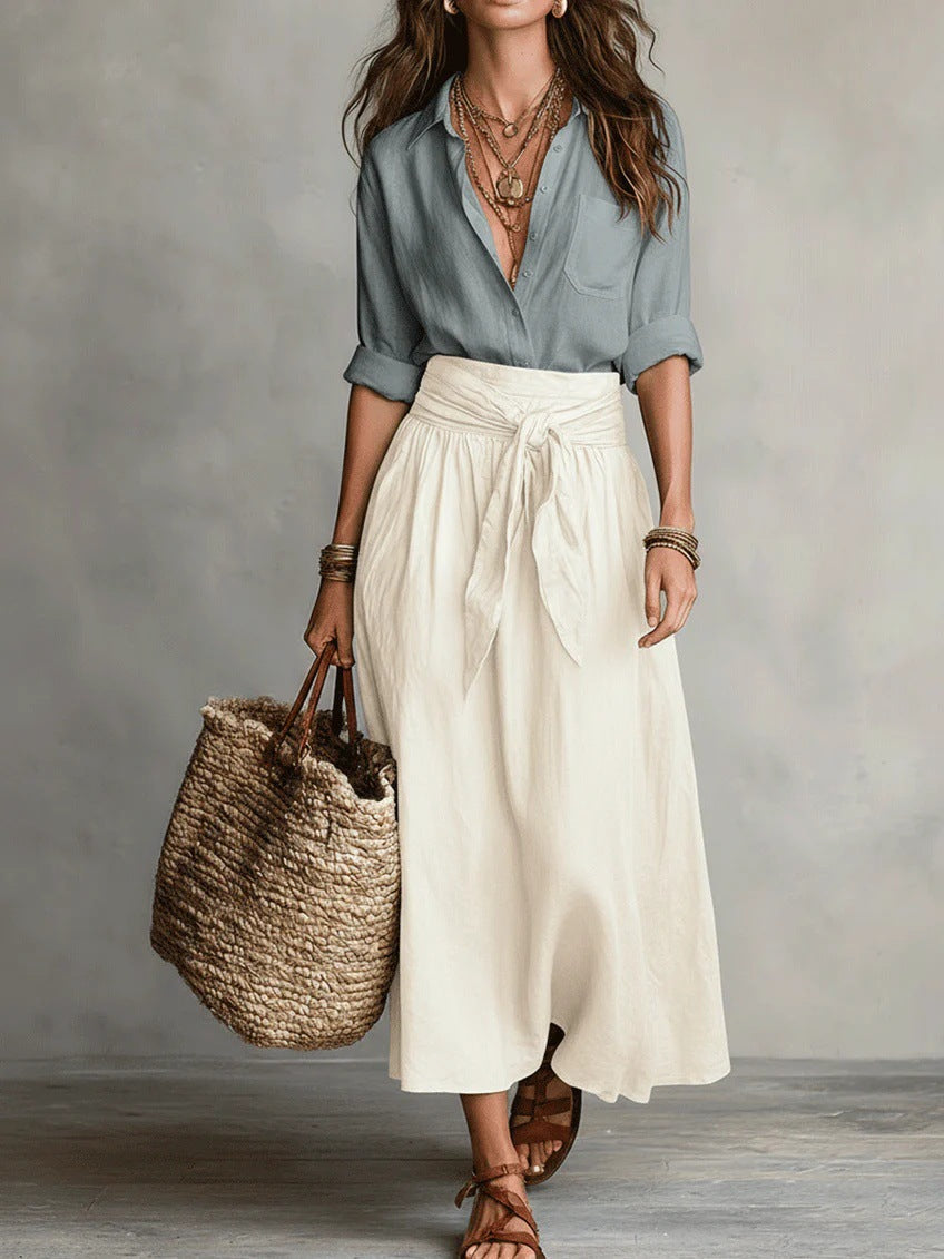 Camilla | Coordinato camicia e gonna midi con cintura da annodare