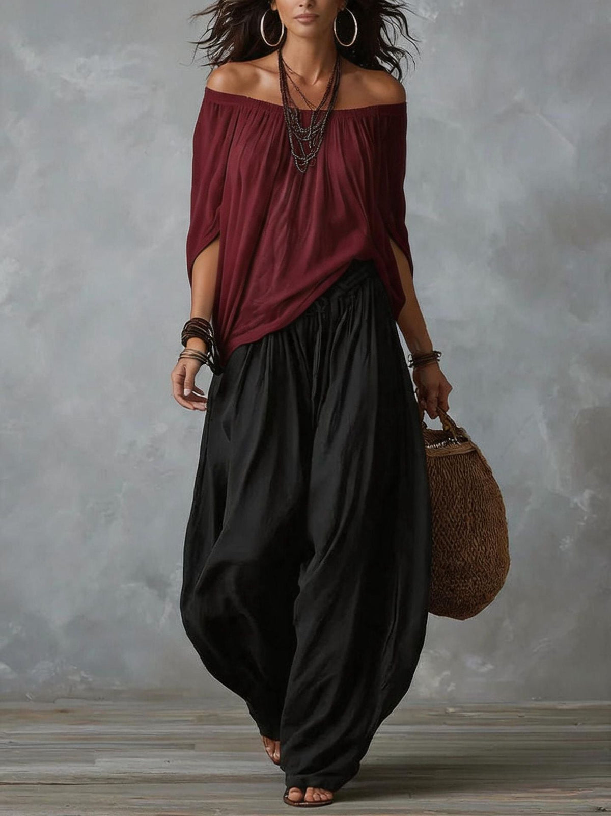 Rowena off-shoulder top and harem trousers set with burgundy top, full-length front view