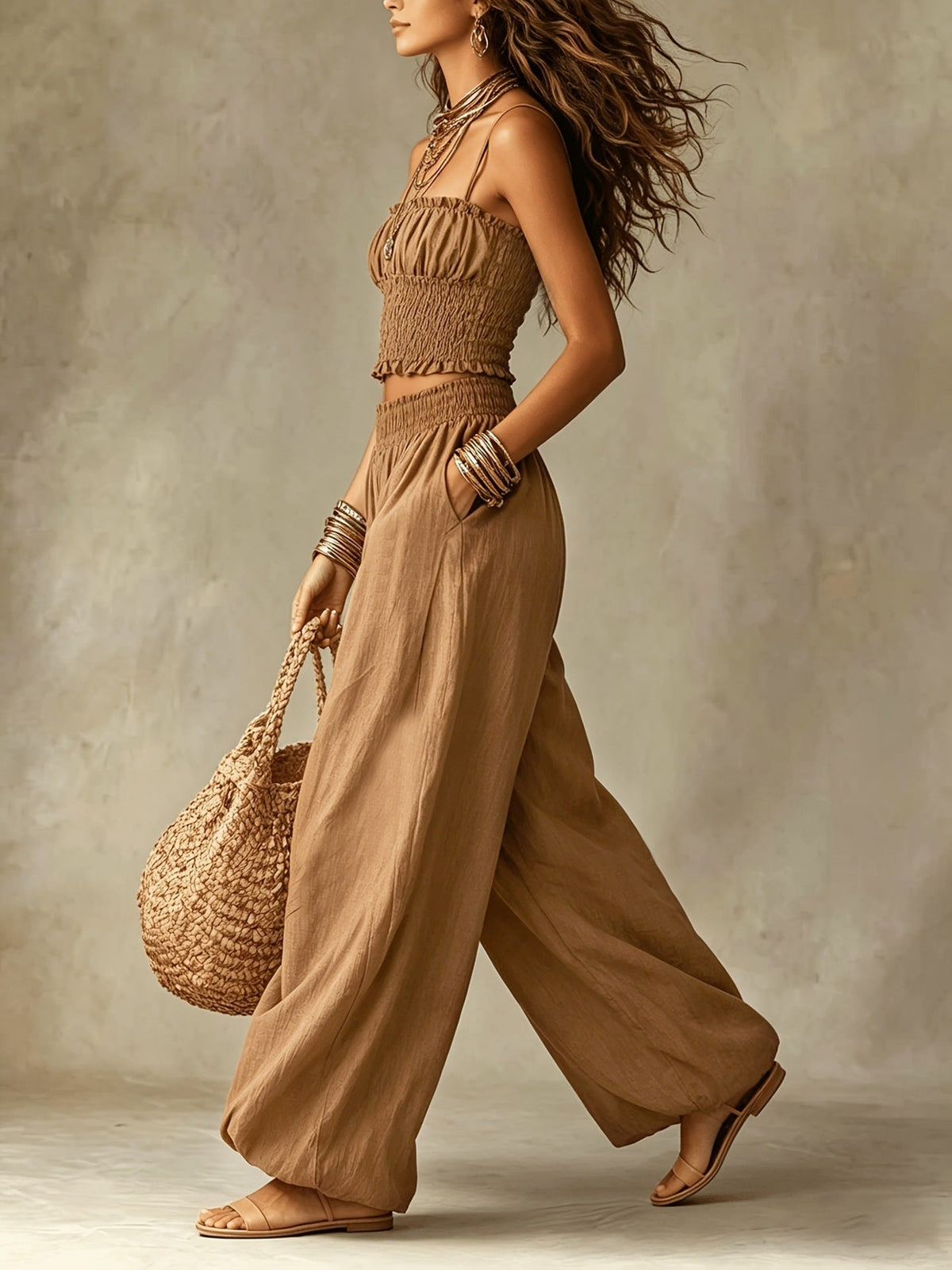 Marcia ruffled harem co-ord set in camel, side view with pocket
