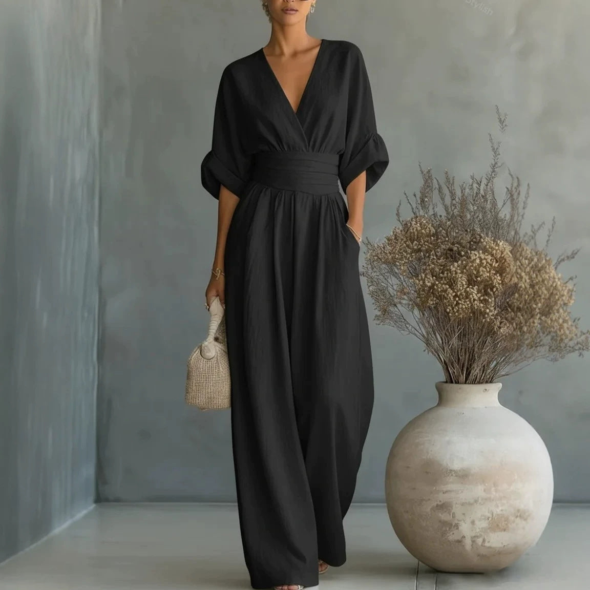 Gemma draped wide-leg jumpsuit in black, full-length front view