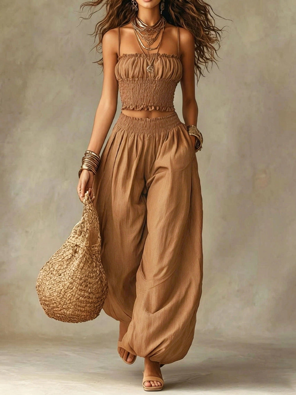 Marcia ruffled harem co-ord set in camel, full-length front view