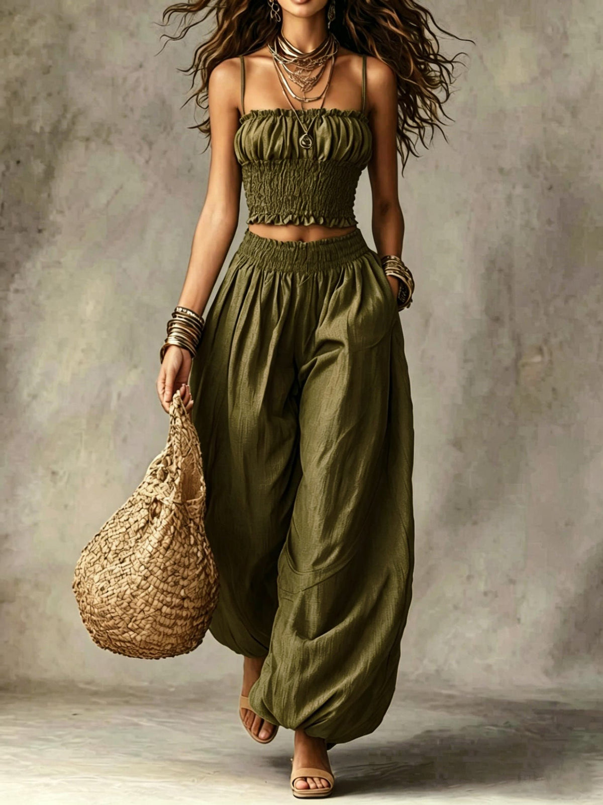 Marcia ruffled harem co-ord set in olive green, full-length front view