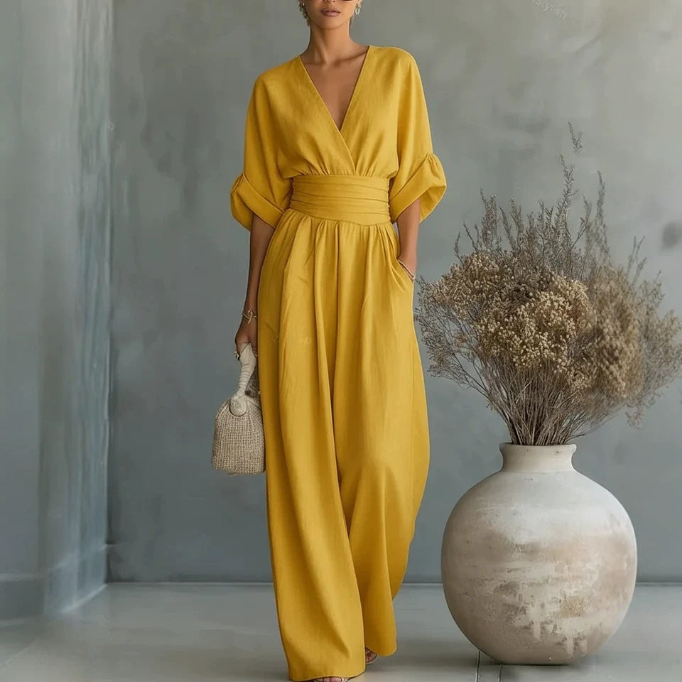 Gemma draped wide-leg jumpsuit in mustard, full-length front view