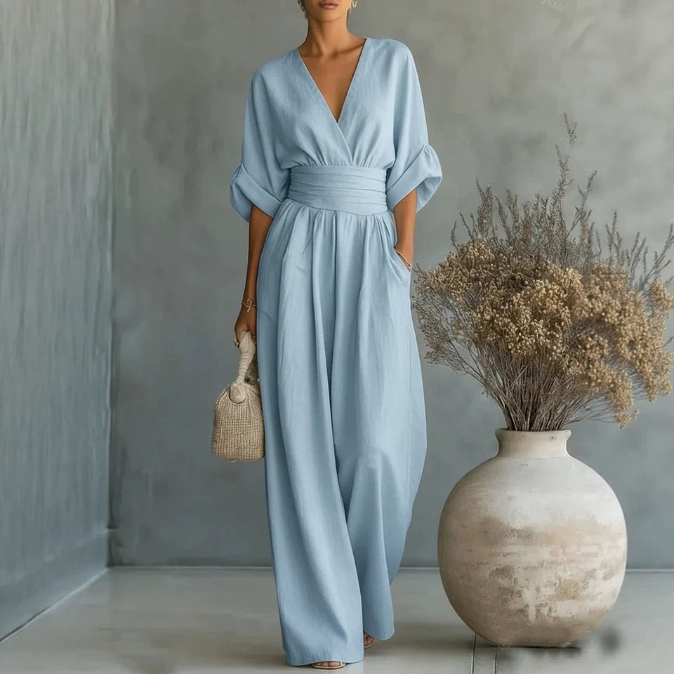 Gemma draped wide-leg jumpsuit in light blue, full-length front view
