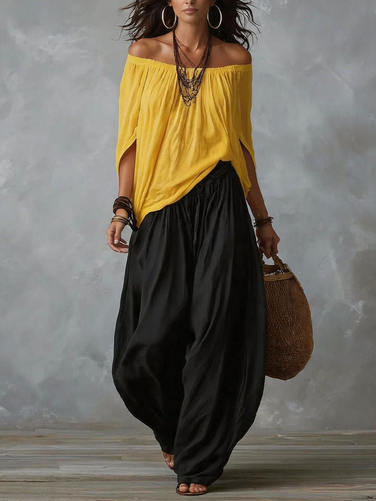 Rowena off-shoulder top and harem trousers set with yellow top, full-length front view