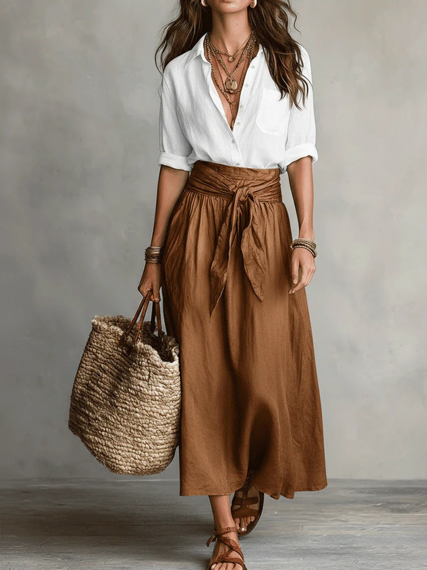 Camilla | Coordinato camicia e gonna midi con cintura da annodare