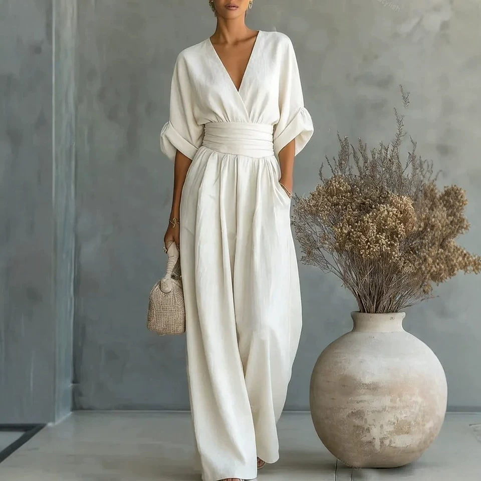 Gemma draped wide-leg jumpsuit in white, full-length front view