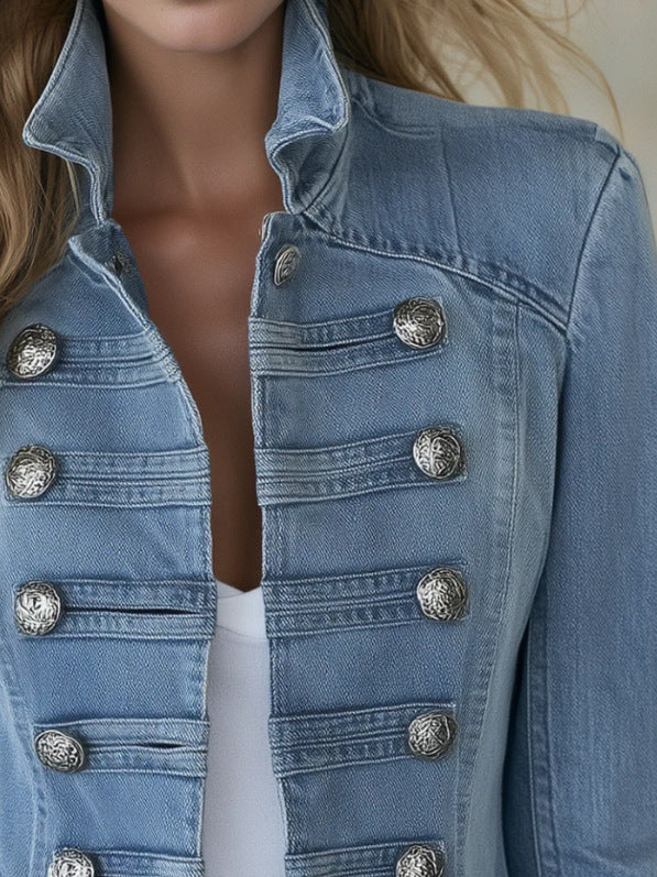 Mairi denim-look jacket, close-up of stand collar and decorative buttons