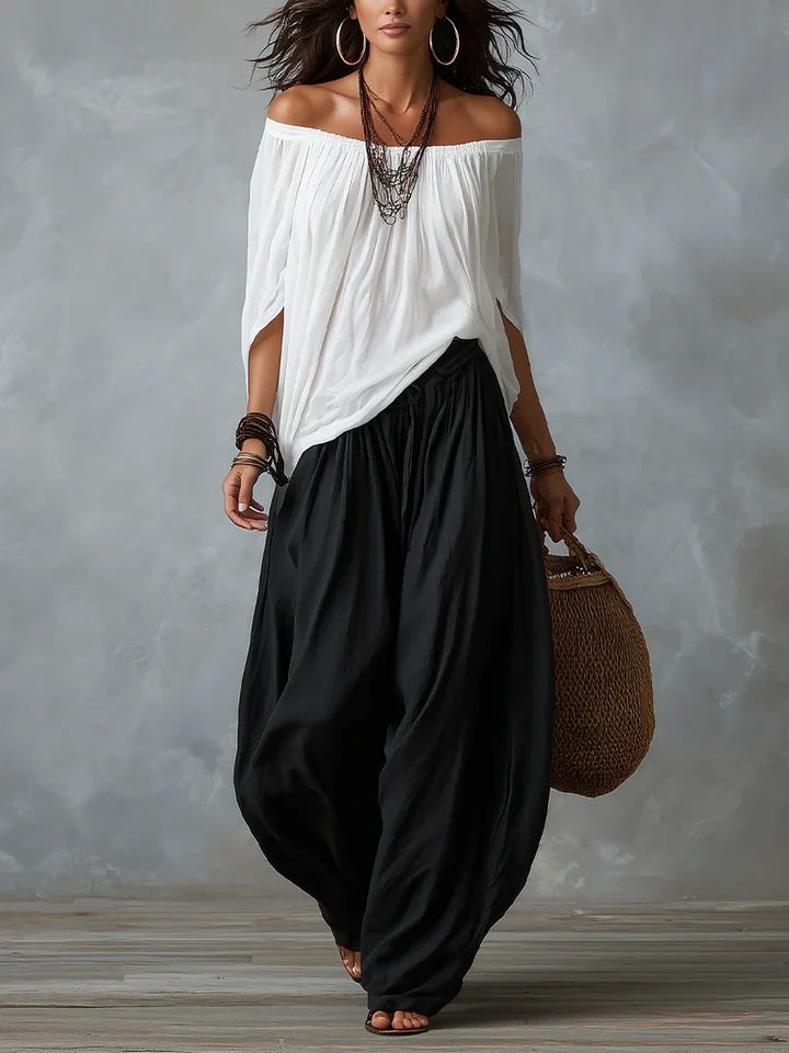 Rowena off-shoulder top and harem trousers set with white top, full-length front view
