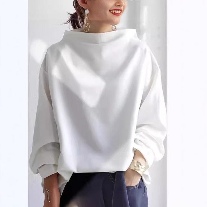 Elly funnel-neck relaxed top in white, front view