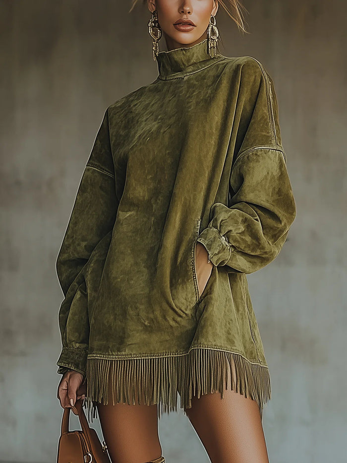 LAVINIA FAUX SUEDE TURTLENECK DRESS WITH FRINGE HEM