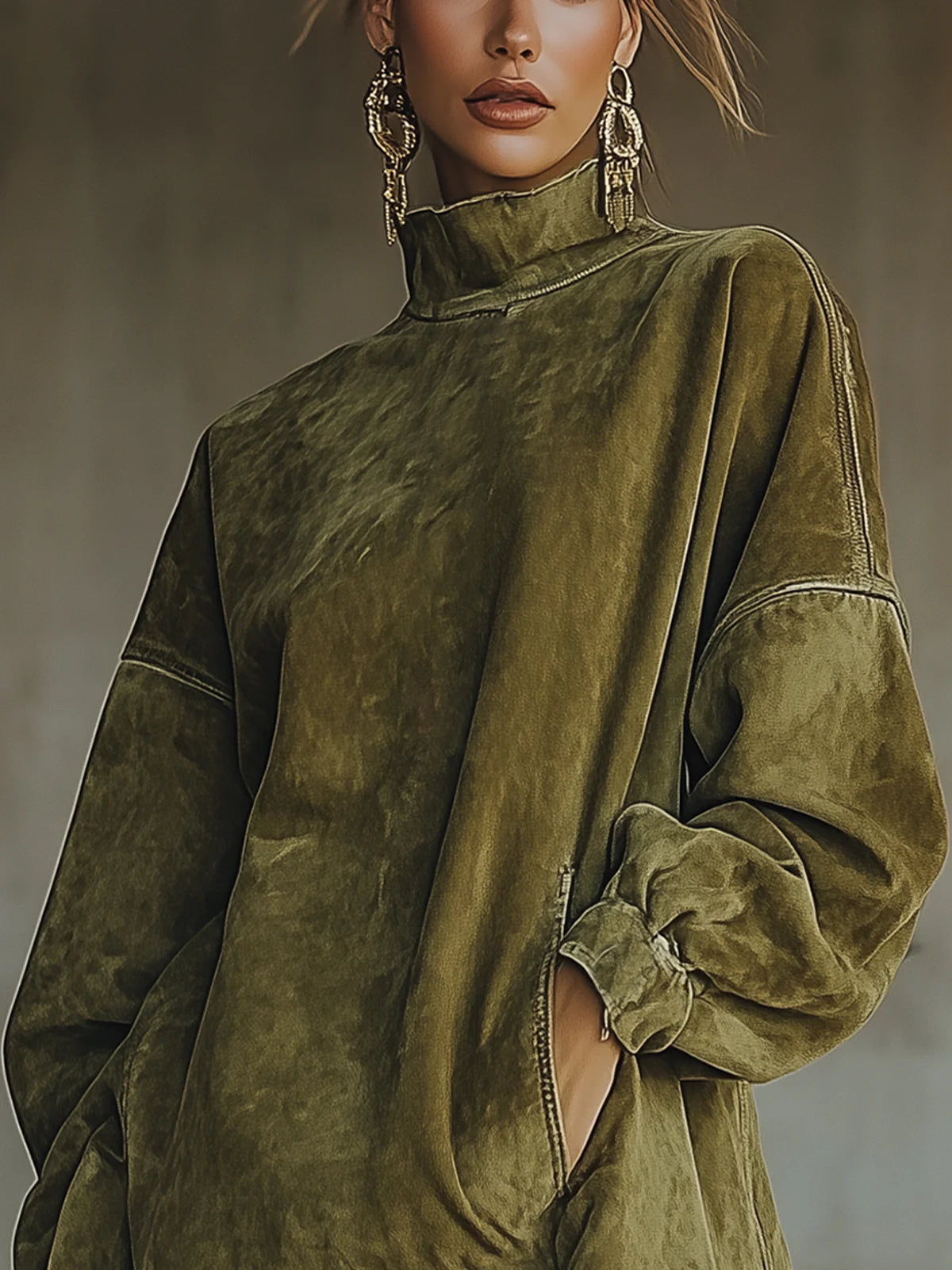 Oonagh suede-look fringed tunic dress in green, close-up view
