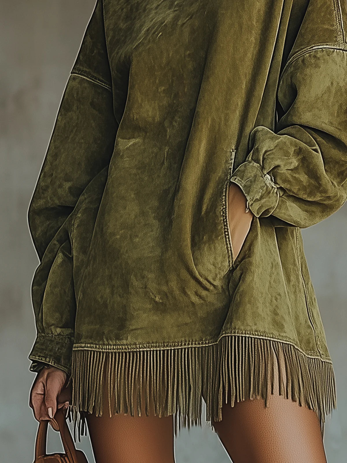 Oonagh suede-look fringed tunic dress in green, fringed hem detail