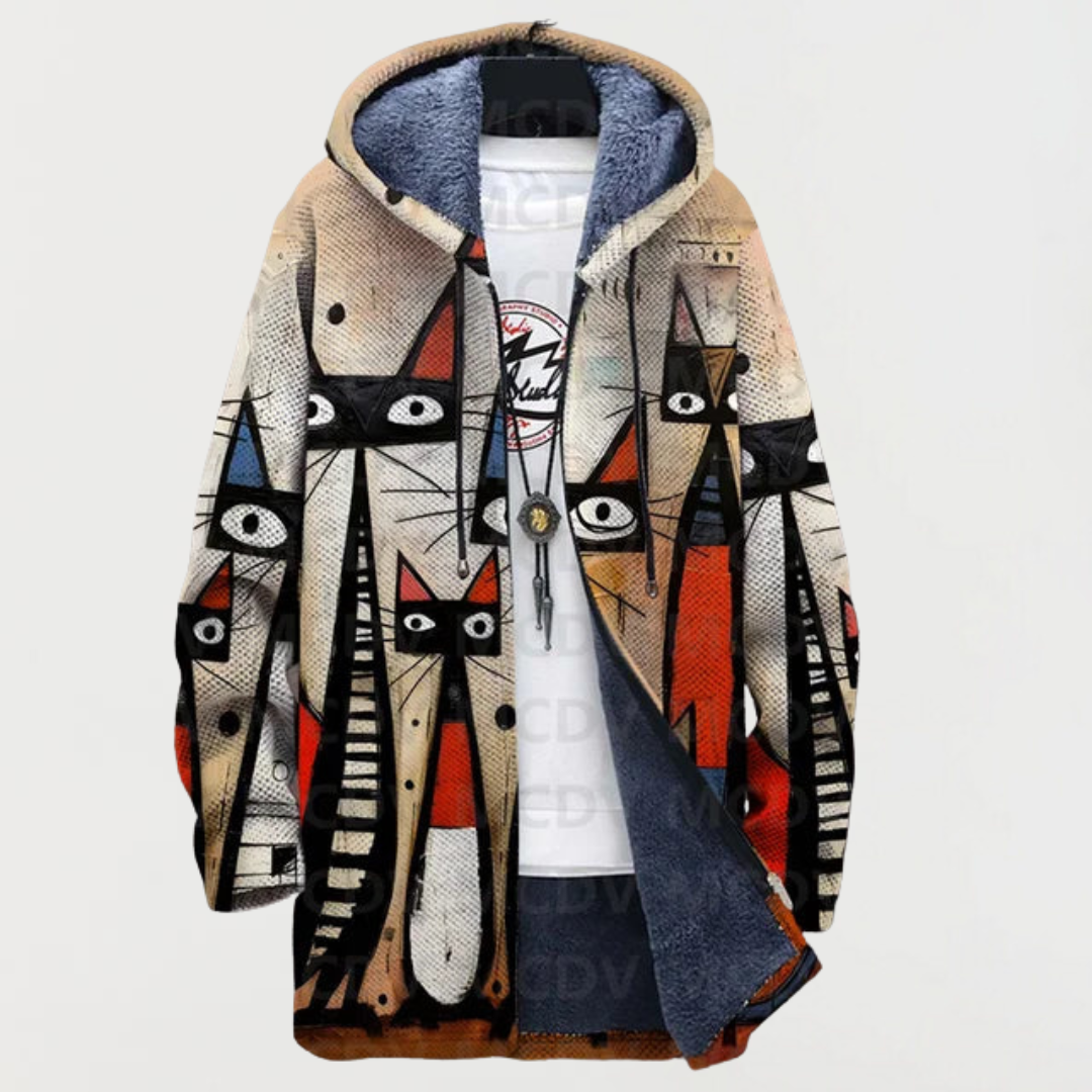 Ellis | Abstract Cat Print Hooded Coat