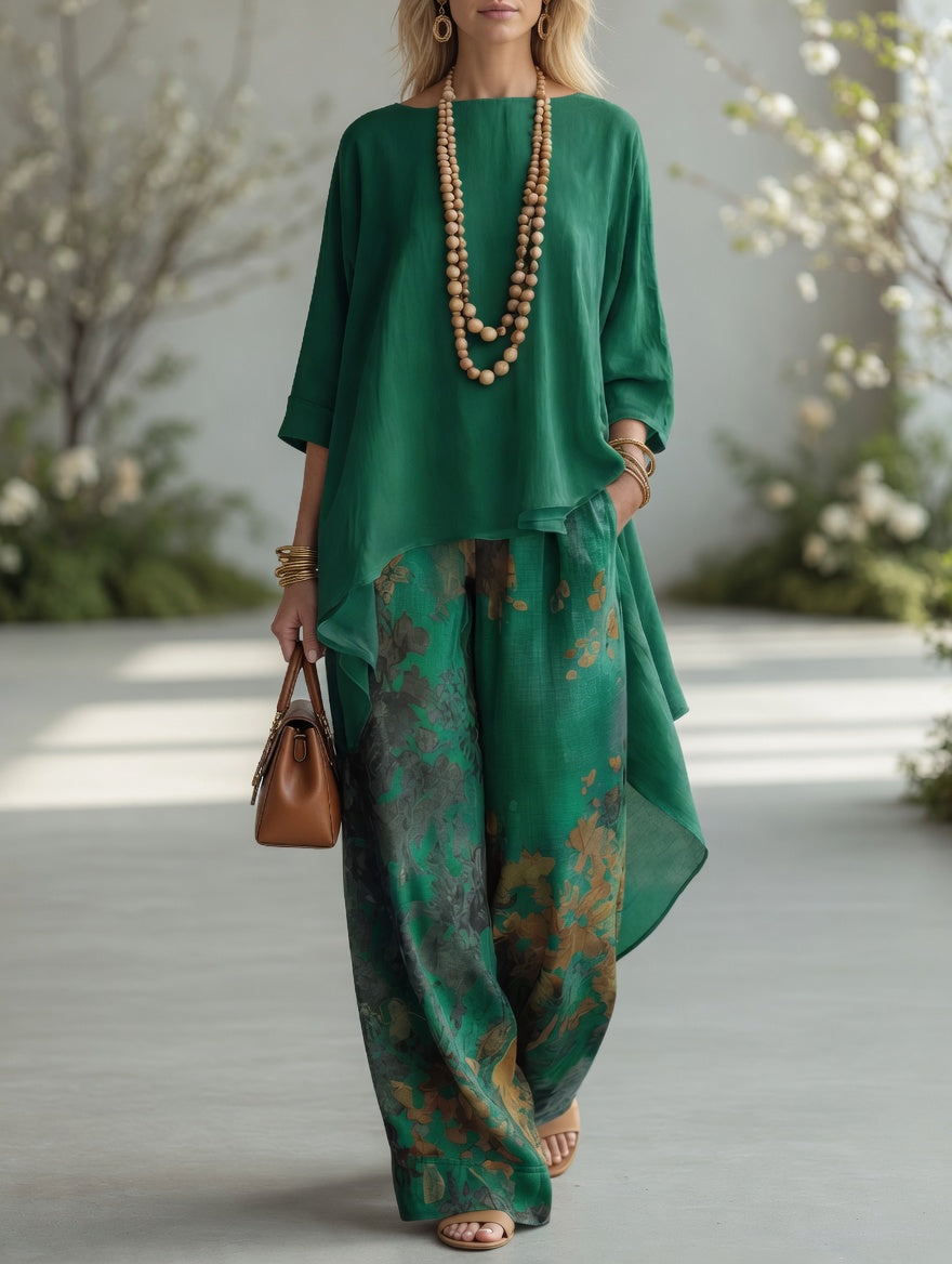 Marjory high-low tunic and printed trouser set in green, front view