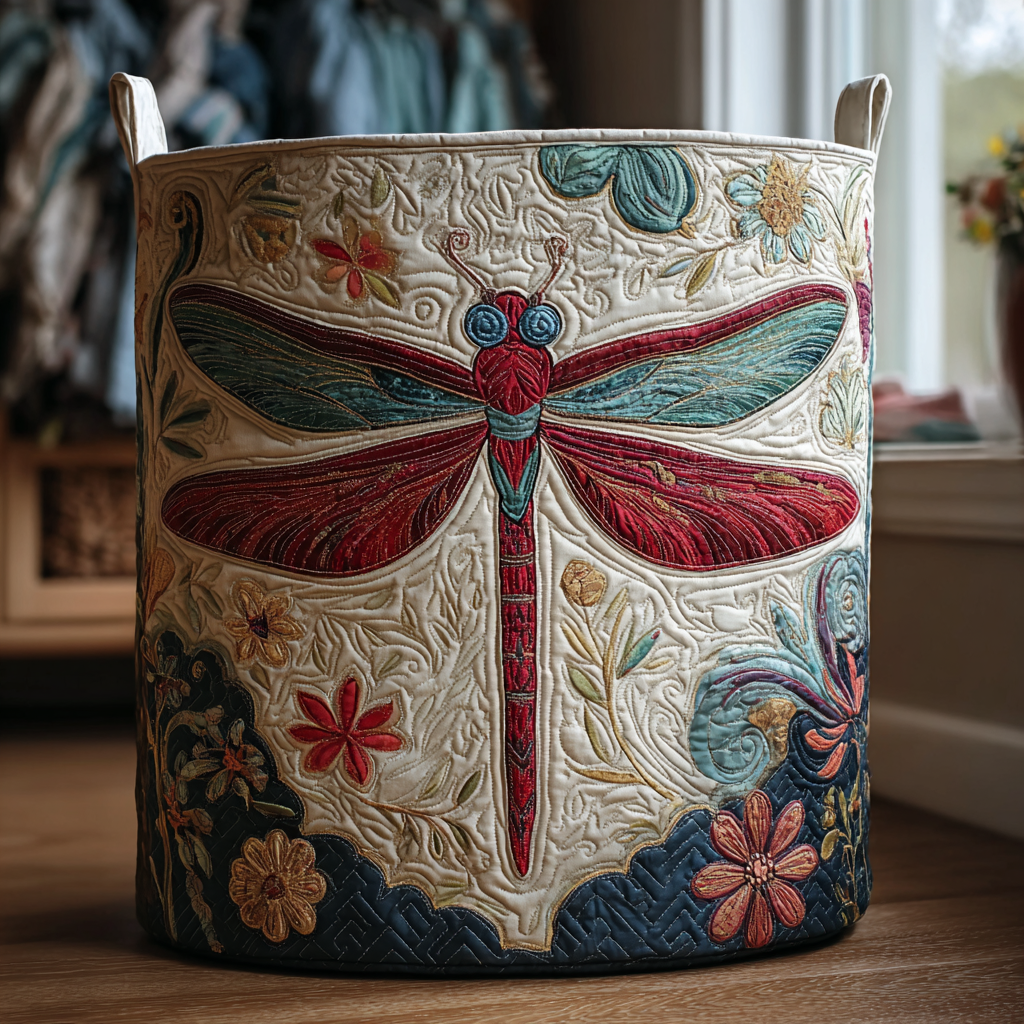 Carla hand-quilted laundry basket with a red dragonfly among folk flowers, front view