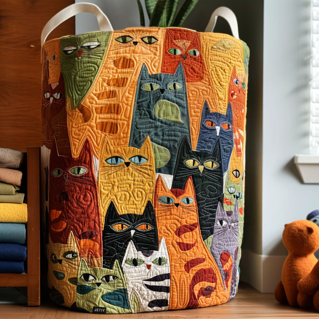 Angelica hand-quilted laundry basket with a crowd of colourful cats, front view