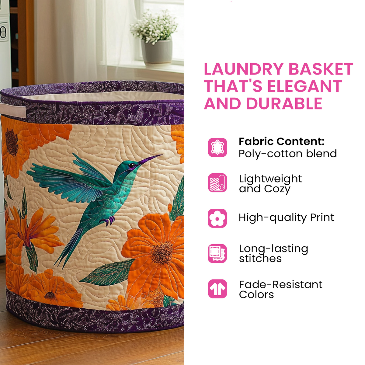 Elisa hand-quilted laundry basket with forest designs, care instructions